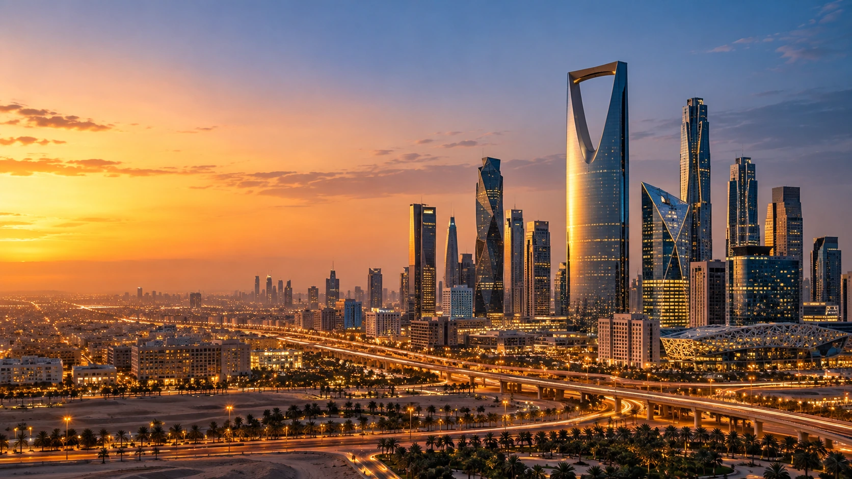 Riyadh skyline and urban development at sunset